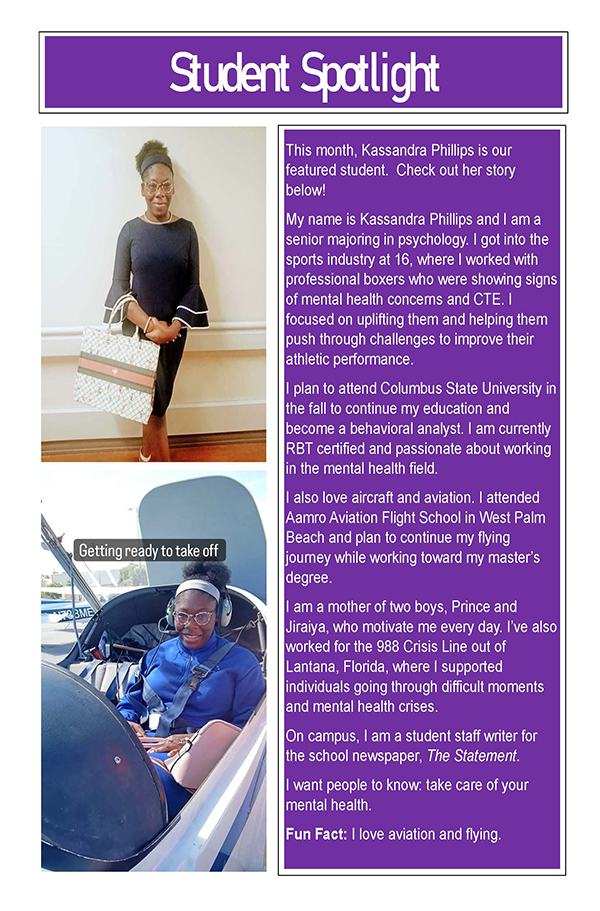 A "Student Spotlight" newsletter page featuring Kassandra Phillips, a senior psychology major. The layout includes a professional portrait of Kassandra and a photo of her in the cockpit of a small aircraft. The text details her experience in the sports industry, her aviation training, and her role as a student writer.